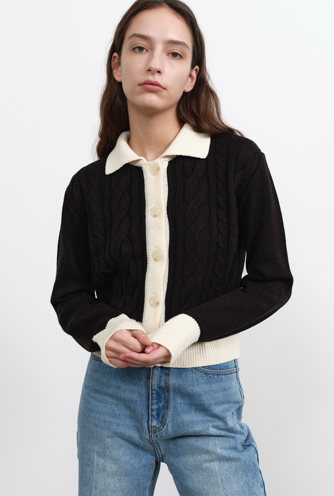 R CONTRAST CABLE KNIT CARDIGAN_BLACK