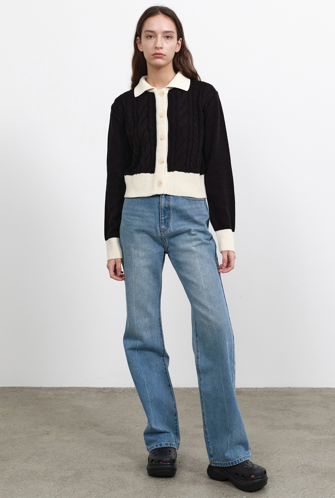 R CONTRAST CABLE KNIT CARDIGAN_BLACK