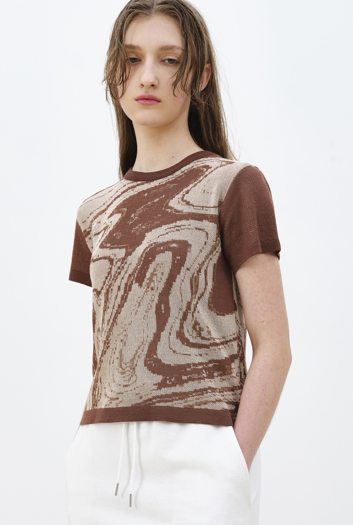 R MARBLE JACQUARD KNIT TOP_BROWN