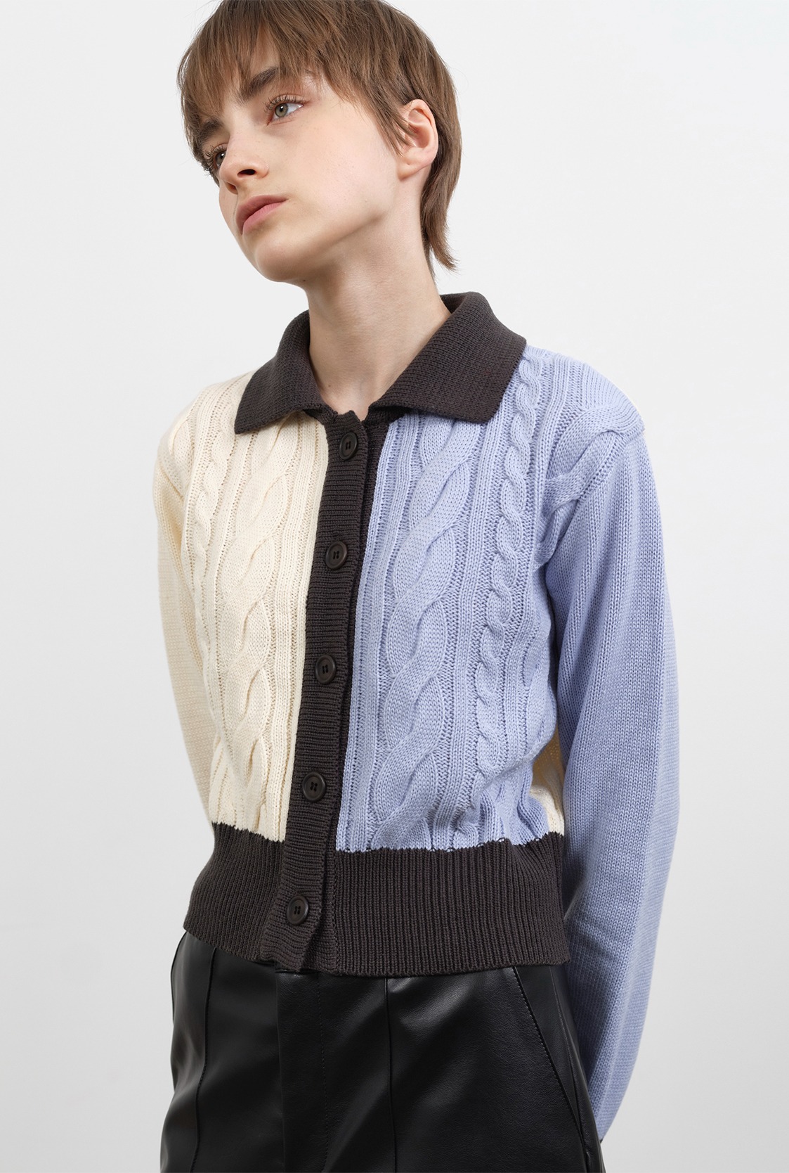 R CONTRAST CABLE KNIT CARDIGAN_SKY BLUE